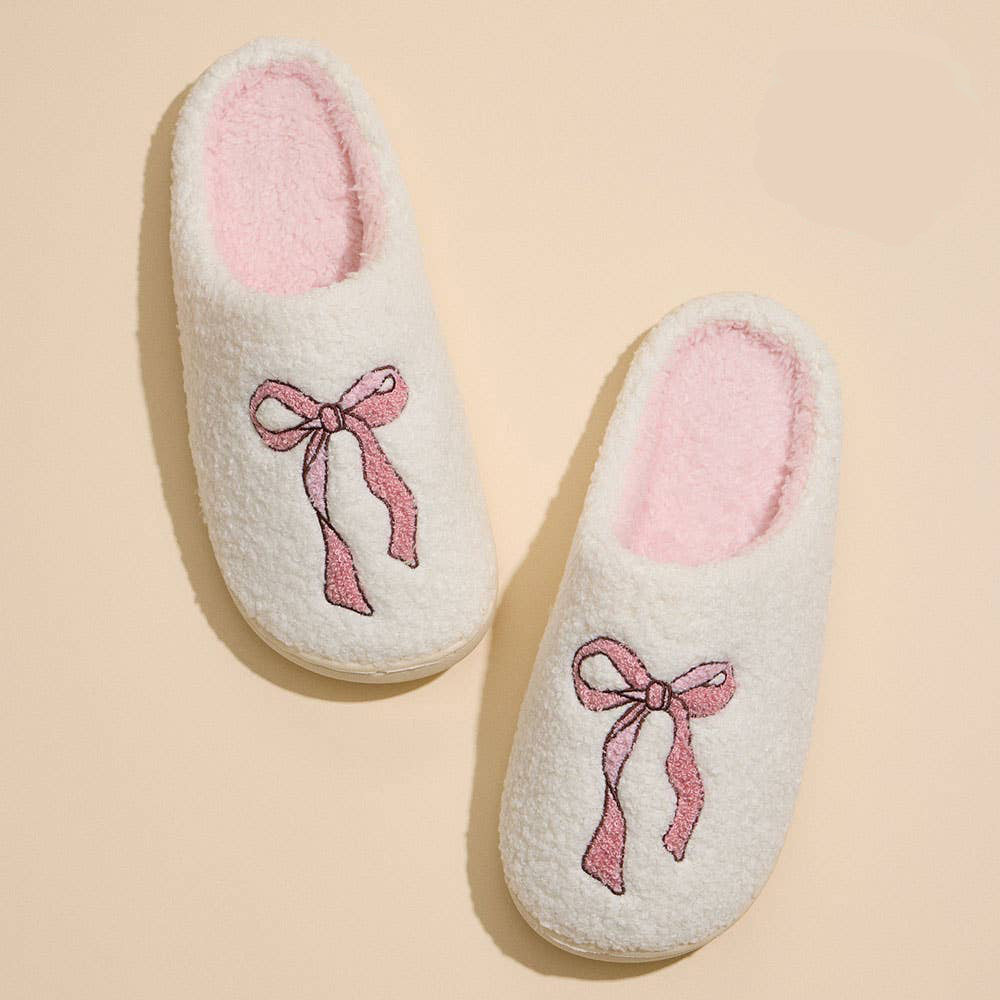 Pink Ribbon Sherpa Slippers – Fuzzy Balletcore House Shoes with Bow Detail