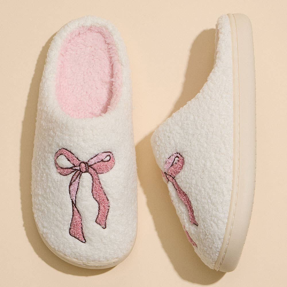 Pink Ribbon Sherpa Slippers – Fuzzy Balletcore House Shoes with Bow Detail