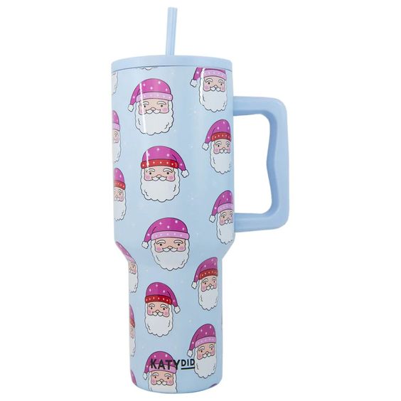 Pink Santa Hats Blue 38 oz Tumbler W/ Handle