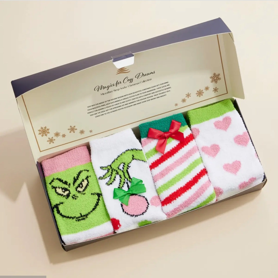 Grinchy Fuzzy Christmas Socks Gift Set