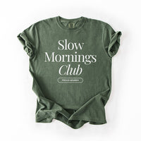 Flatlay of hemp-colored Slow Mornings Club Tee featuring Slow Mornings Club print