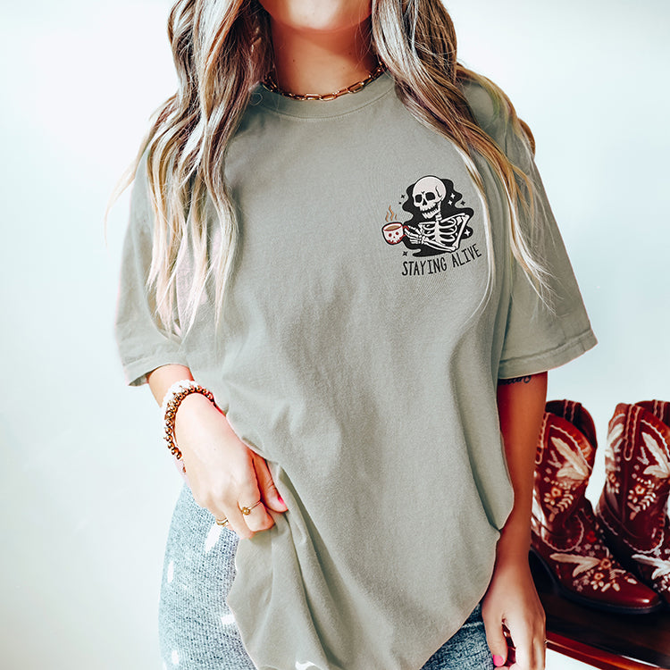 Staying Alive Embroidered Coffee Graphic Tee (Wholesale)