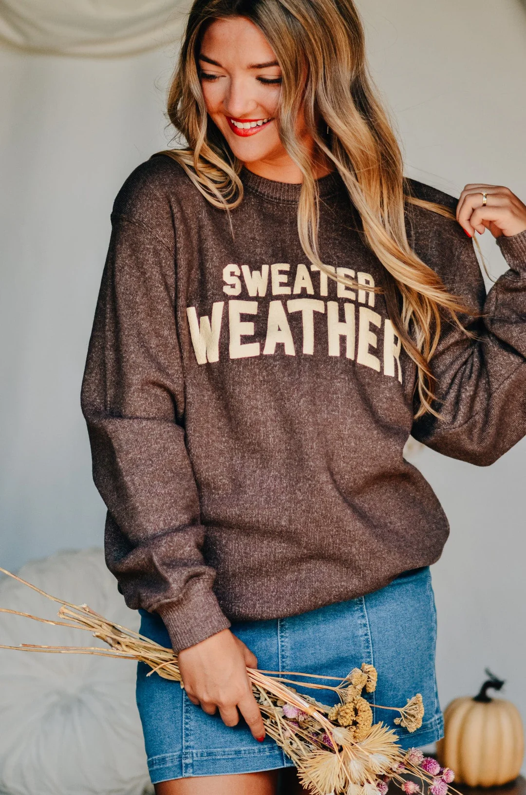 Sweater Weather Sweatshirt – Brown Knit Fall Crewneck for Women