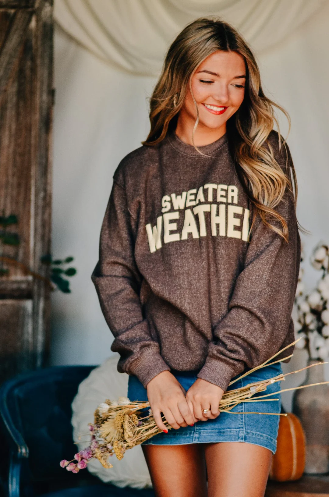 Sweater Weather Sweatshirt – Brown Knit Fall Crewneck for Women