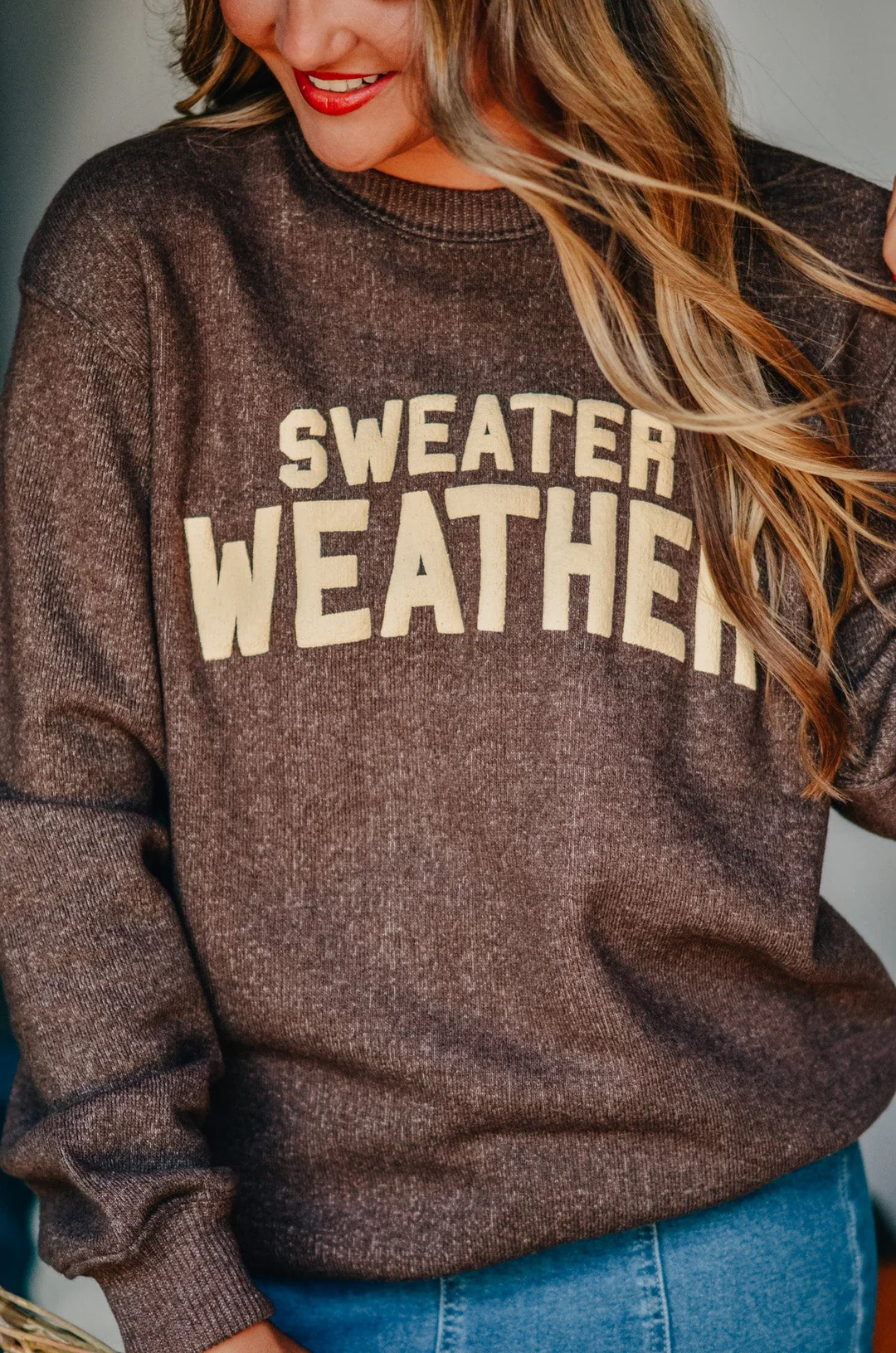 Sweater Weather Sweatshirt – Brown Knit Fall Crewneck for Women