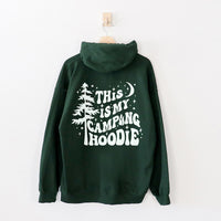 Flat lay of forest hoodie back — funny outdoor hoodie with camping quote


