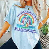 Model wearing Undiagnosed But Something Is Wrong tee in chambray — funny heavyweight graphic tee