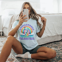 Model wearing ice blue lightweight tee — funny mental health inspired graphic shirt