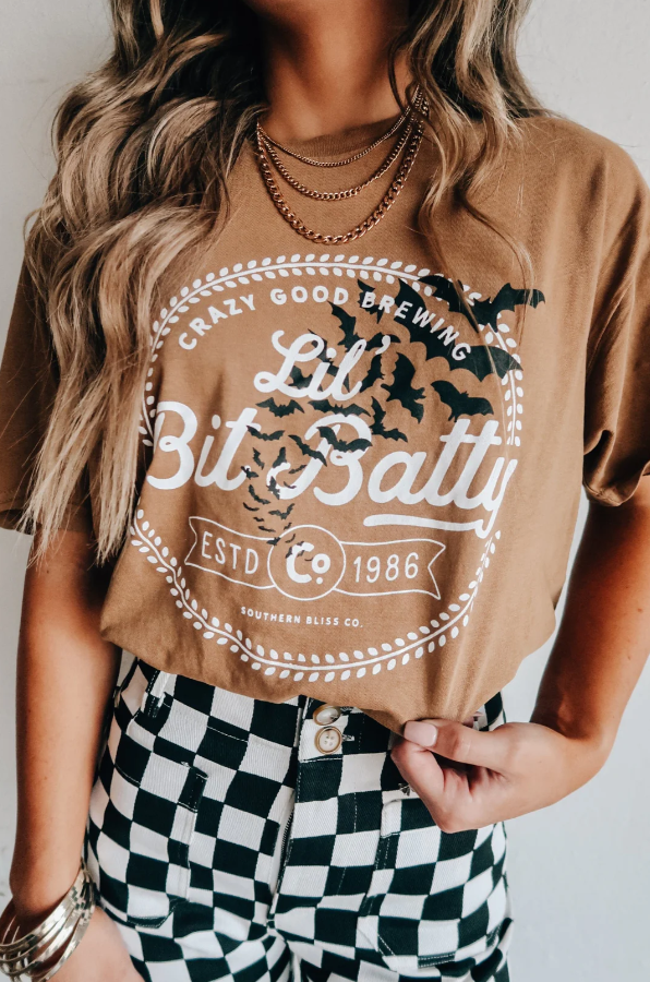Lil Bit Batty Graphic Tee – Funny Halloween Shirt for Women