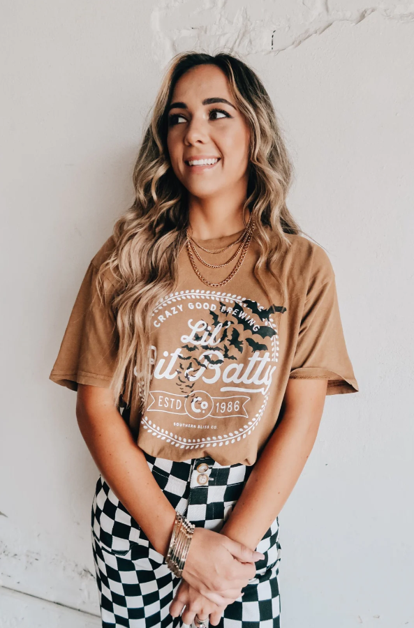 Lil Bit Batty Graphic Tee – Funny Halloween Shirt for Women