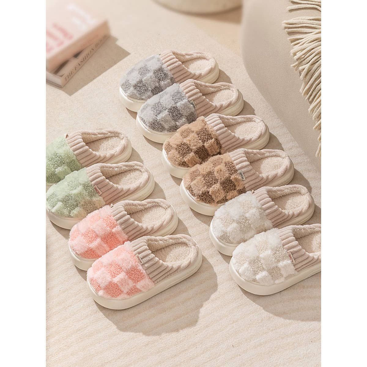 Beige Checkered Fuzzy Slippers – Cozy Indoor Slippers for Women